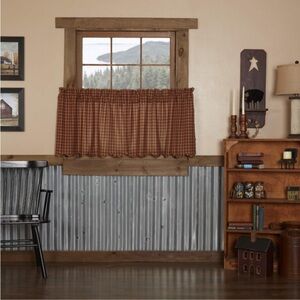 VHC Brands Burgundy Check Primitive 24x36” Tier Pair Red Rod Pocket Curtains